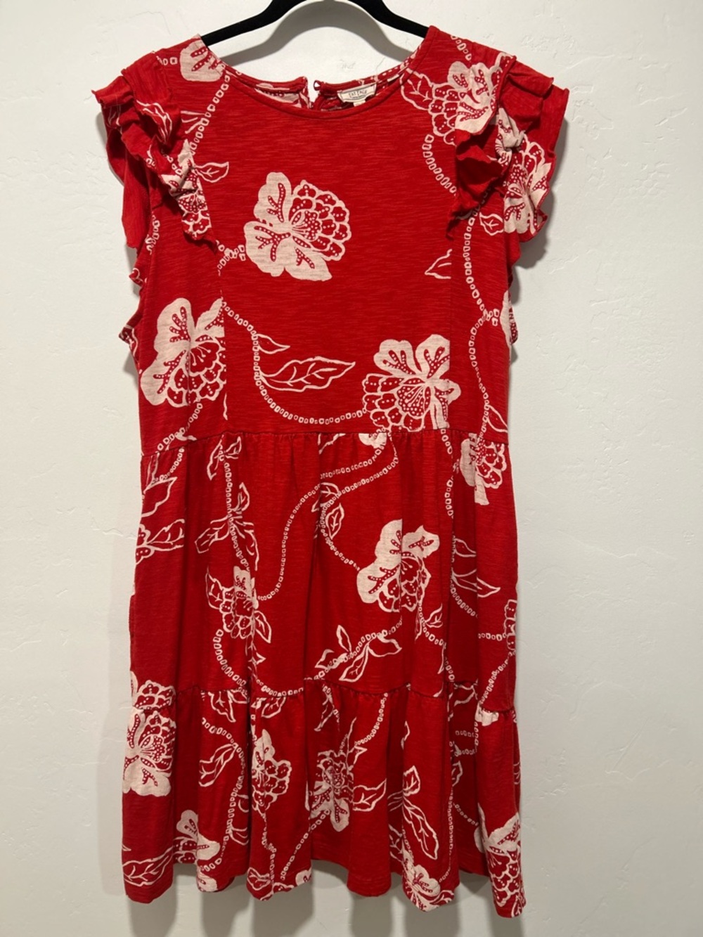 Fat Face Red Floral Cotton Blend Ruffle Sleeve Tiered Mini Dress Size 12 (US M)